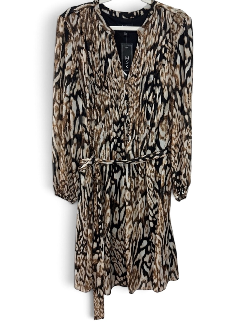 MSK Plus Size Brown Black Cream Animal-Print Long-Sleeve Belted Dress - Size 20W